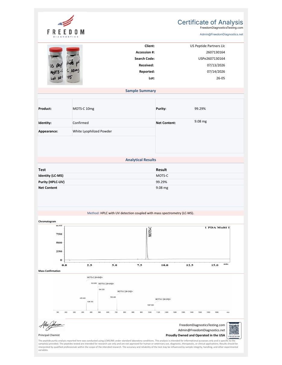 Certificate of Analysis for MOTS-c 10mg, batch 26-05, page 1