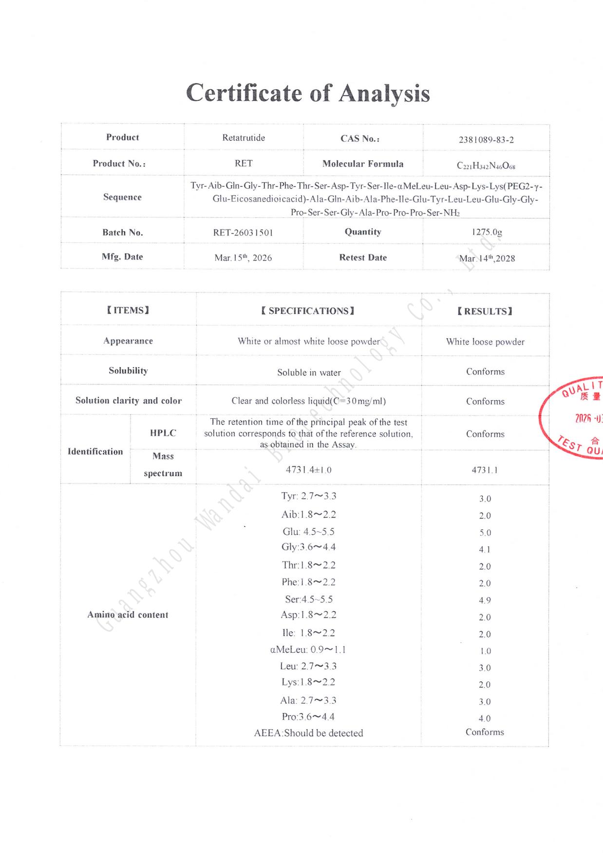 Certificate of Analysis for Retatrutide, batch RET-26031501, page 1