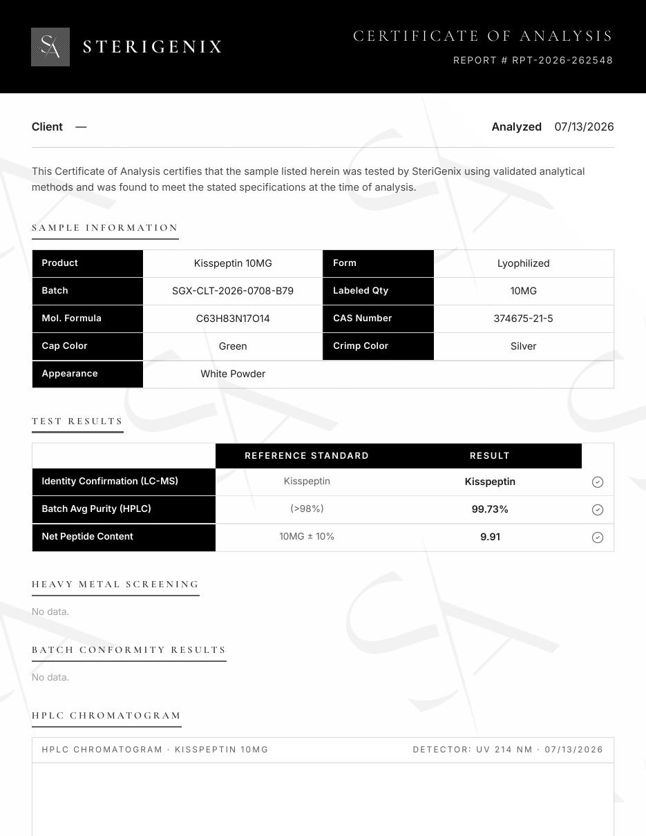 Certificate of Analysis for Kisspeptin-10 10mg, batch SGX-CLT-2026-0708-B79, page 1