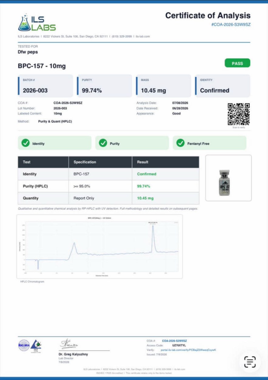 Certificate of Analysis for BPC-157 10mg, batch 2026-003, page 1