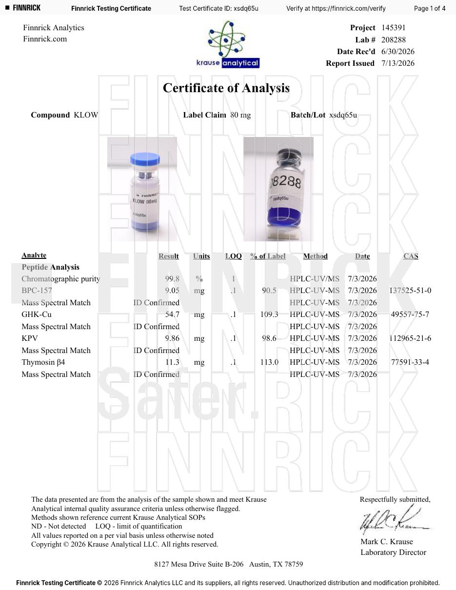Certificate of Analysis for KLOW 80mg, batch xsdq65u, page 1