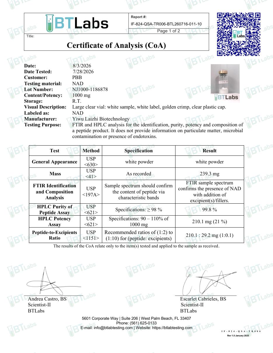 Certificate of Analysis for NAD+ 1000mg, batch NJ1000-1186878, page 1
