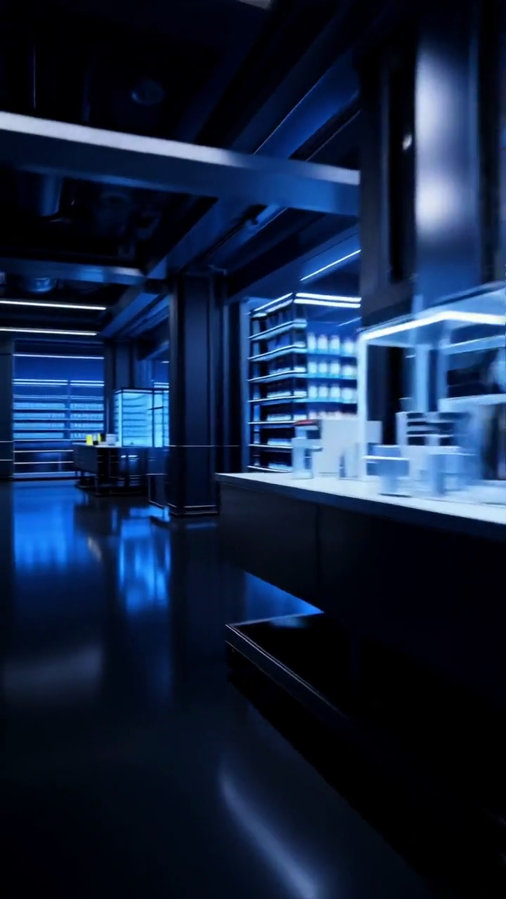 Oryntis Labz laboratory interior lit by electric blue light, with glass shelving of research vials