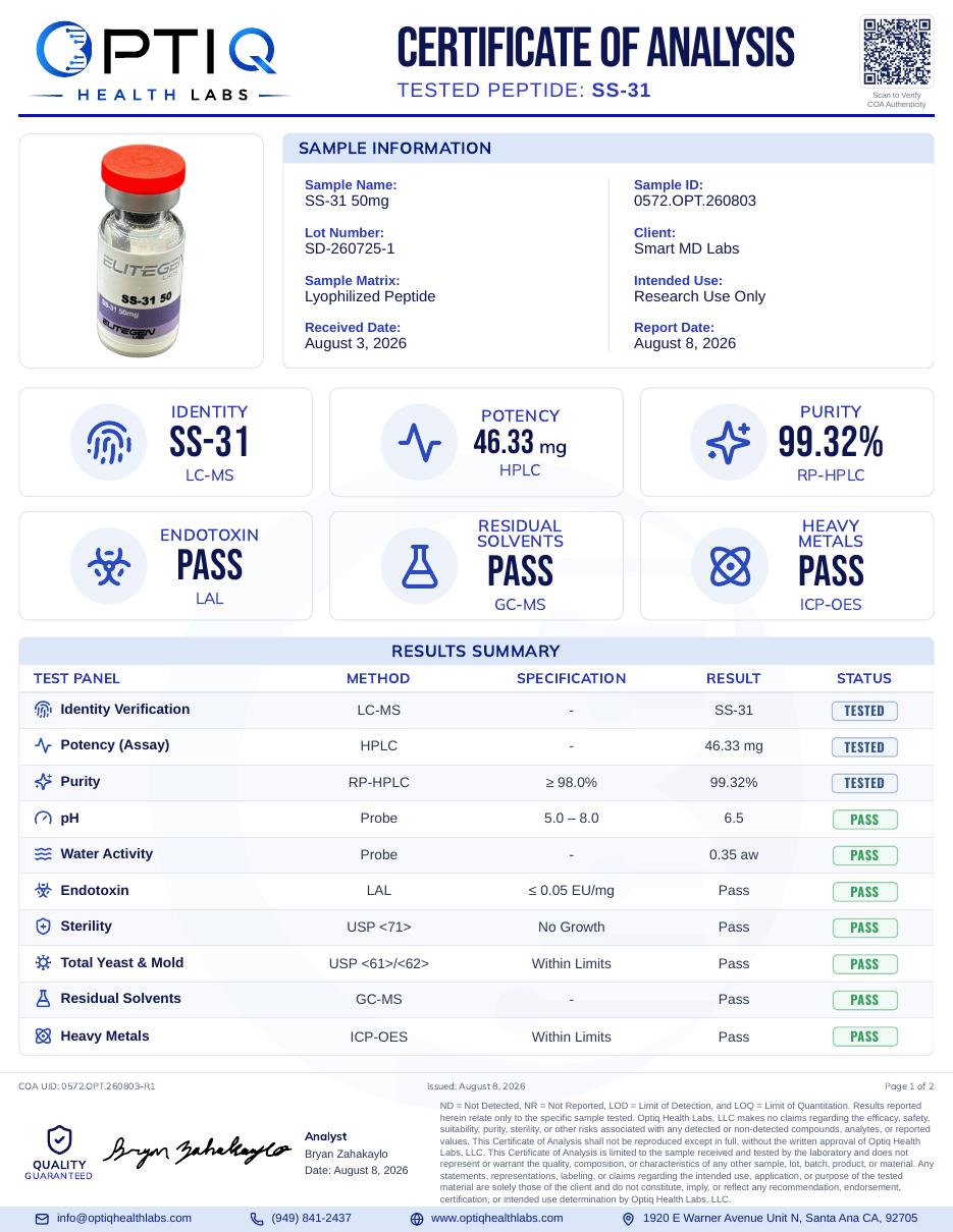 Certificate of Analysis for SS-31 50mg, batch SD-260725-1, page 1