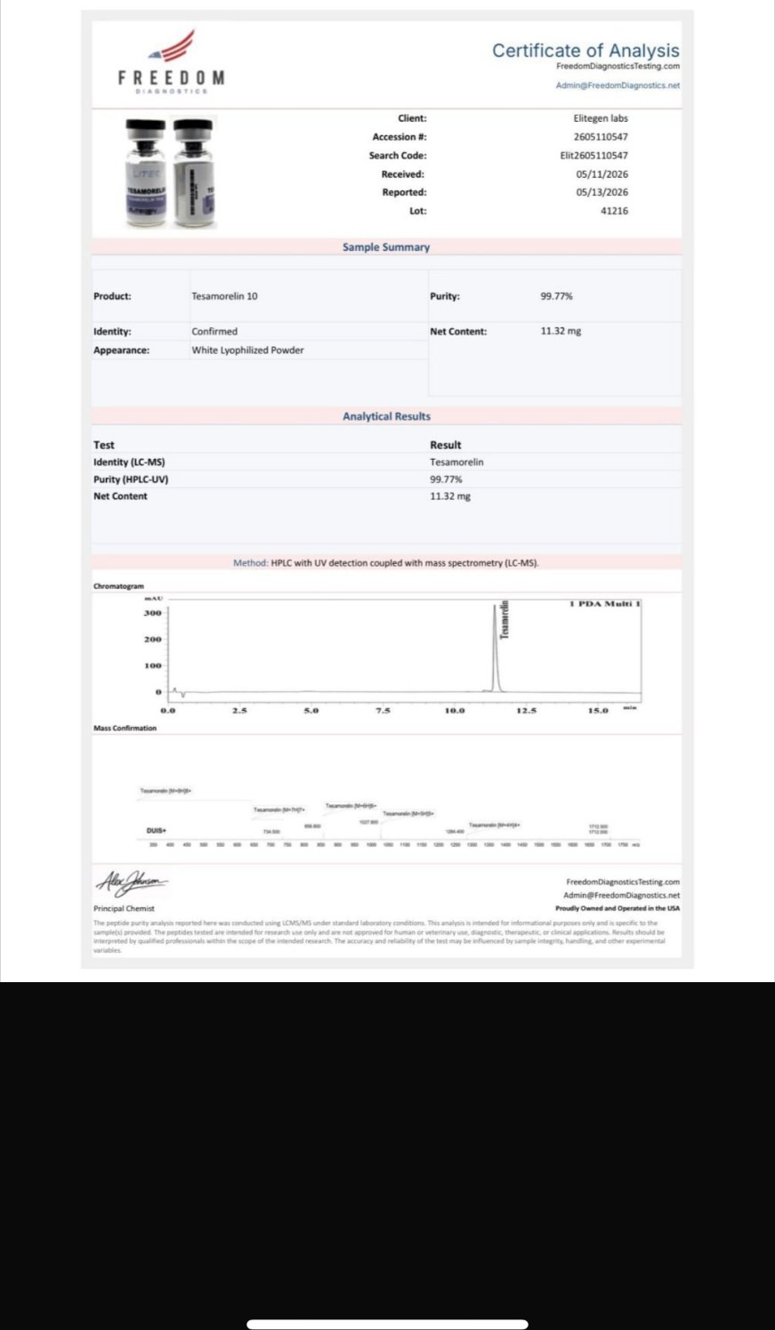 Certificate of Analysis for Tesamorelin 10mg, batch 41216, page 1