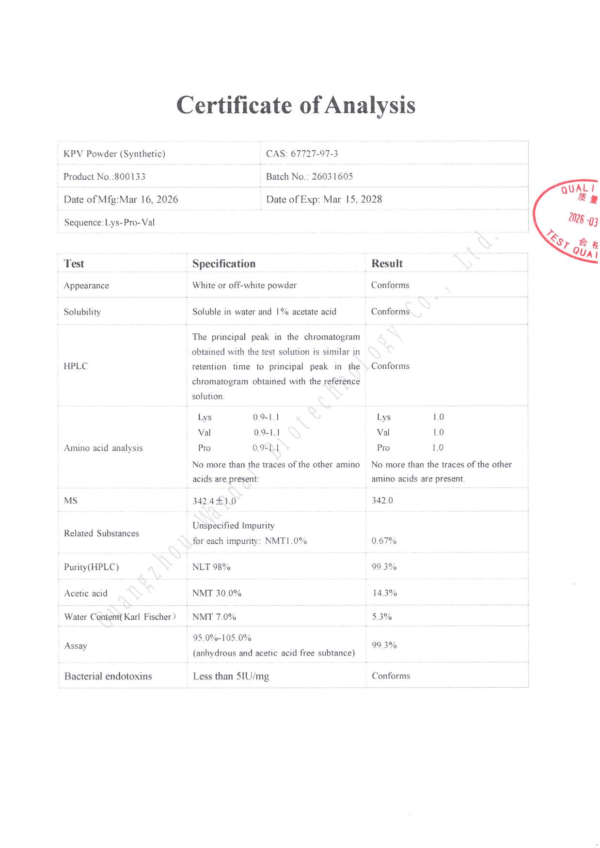 Certificate of Analysis for KPV 10mg, batch 26031605, page 1
