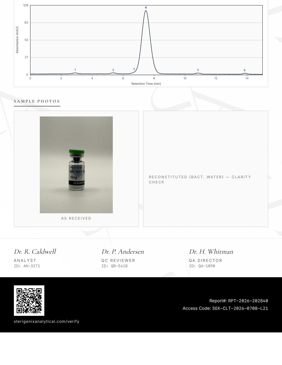 Certificate of Analysis for Wolverine Stack (BPC-157 + TB-500 10mg), batch SGX-CLT-2026-0708-L21, page 2