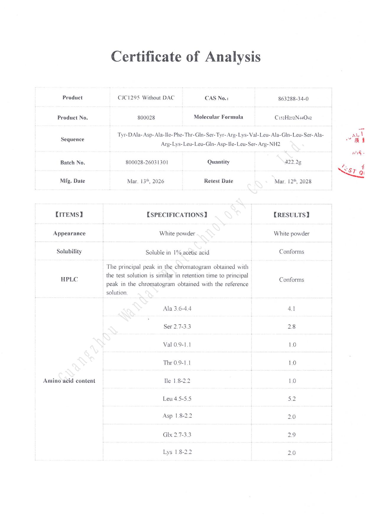 Certificate of Analysis for CJC-1295 (No DAC), batch 800028-26031301, page 1