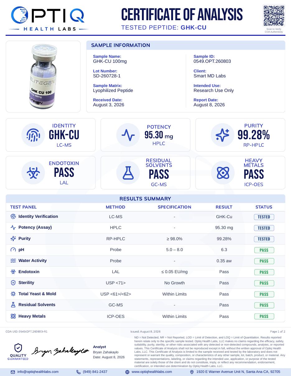 Certificate of Analysis for GHK-Cu 100mg, batch SD-260728-1, page 1