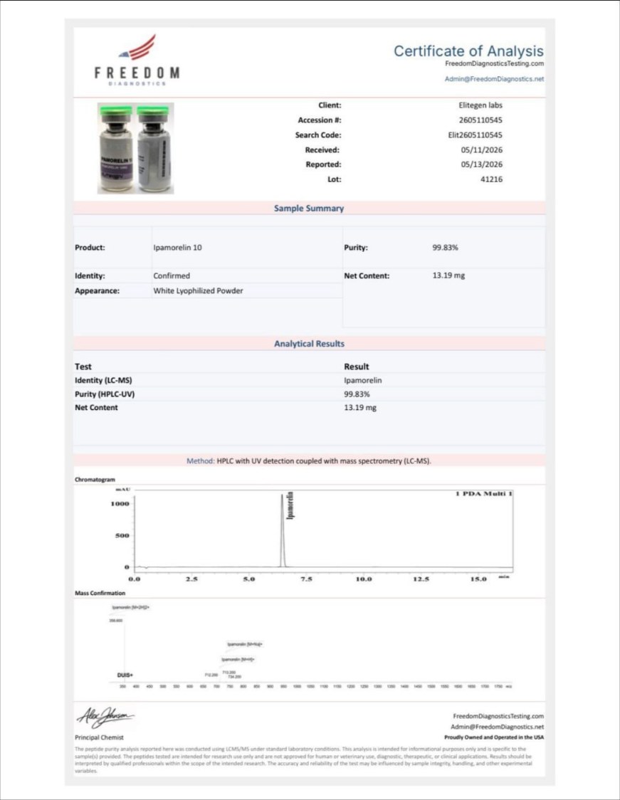 Certificate of Analysis for Ipamorelin 10mg, batch 41216, page 1