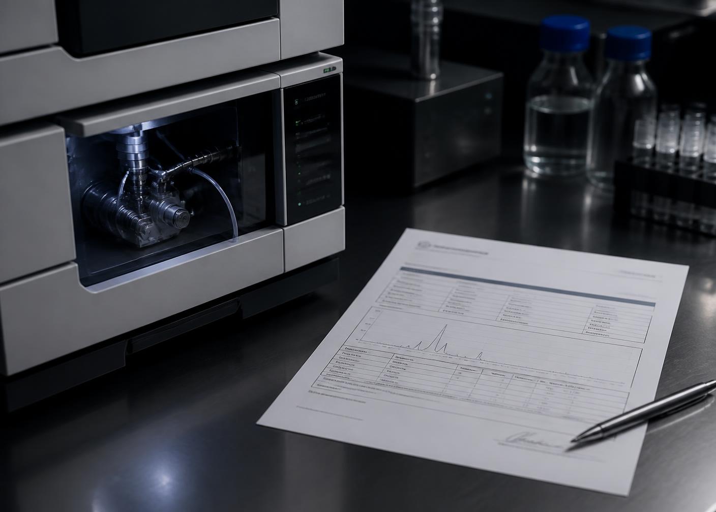 Analytical instrumentation and a Certificate of Analysis on a laboratory bench